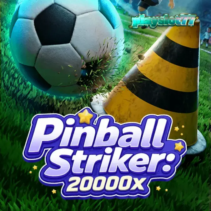 Tampilan antarmuka permainan slot Pinball Striker 20,000x dengan tema stadion neon.